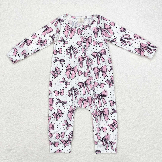 Wholesale kids girls pink bow fall winter long sleeve bamboo  romper