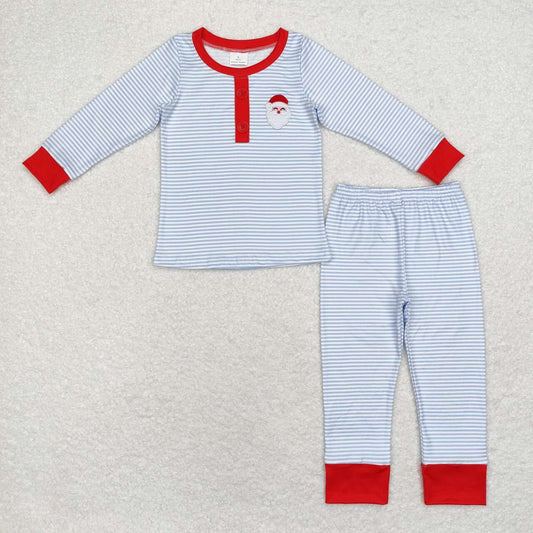 embroidery christmas santa claus blue stripes two pieces pajama set