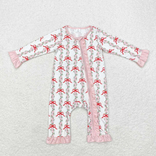 baby girl Christmas bow flower print bamboo zip romper