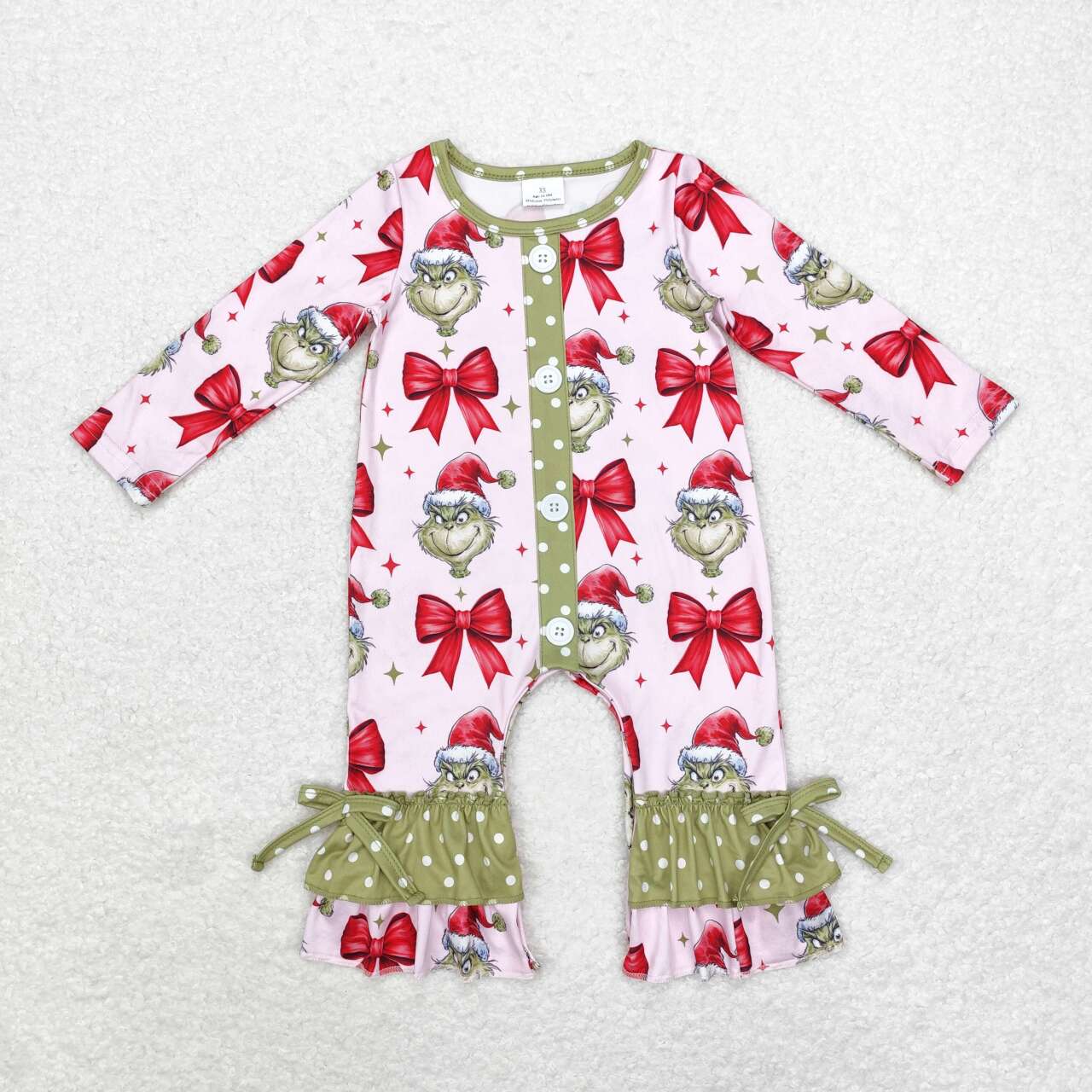 Infant baby girls Christmas red bow green face winter romper