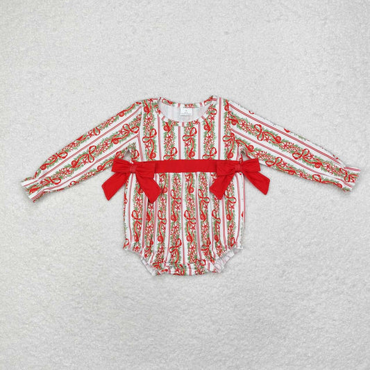 newborn baby girls christmas green bow long sleeve holiday romper