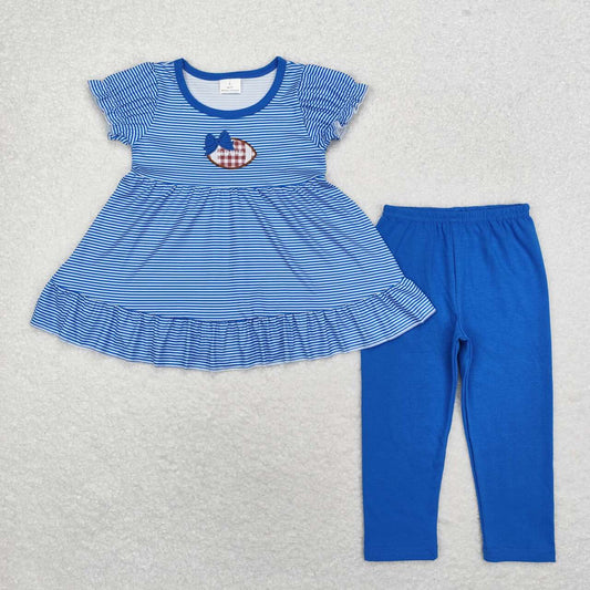 wholesale baby girls blue stripes embroidery football game day clothing set