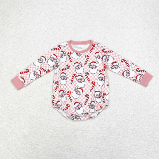 USA SHOP Christmas Santa Claus candy cane pink checkered long sleeve romper