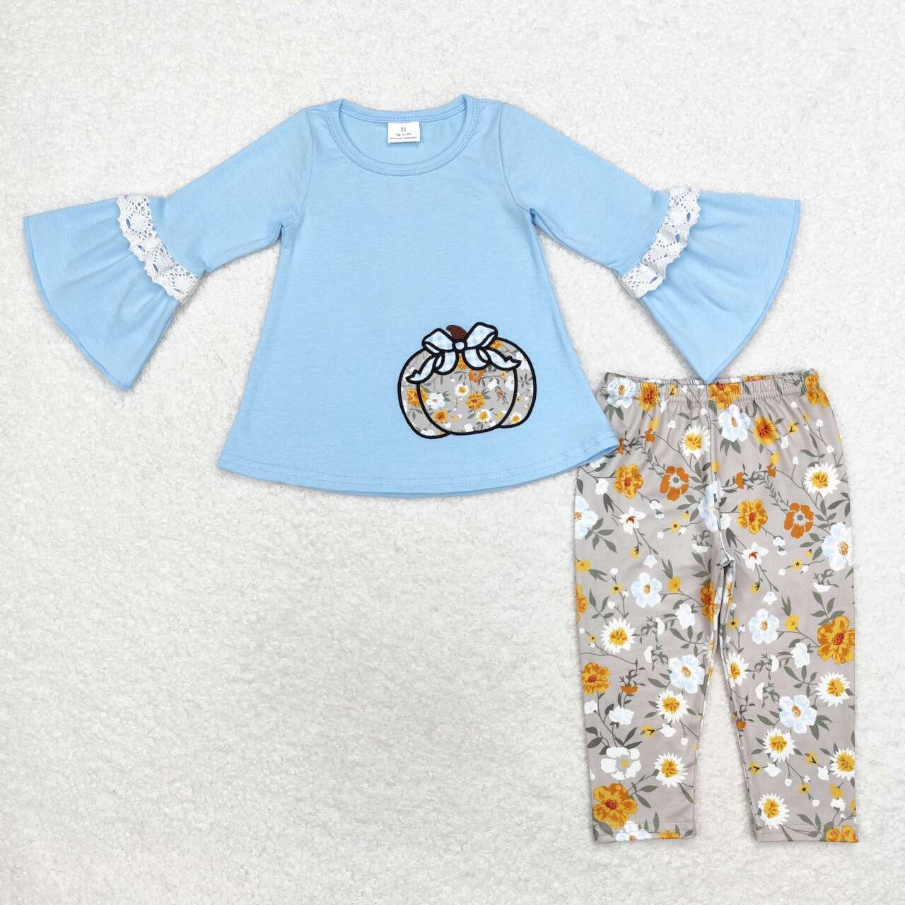 best sister kids girls blue floral embroidery  pumpkin top matching pants clothes