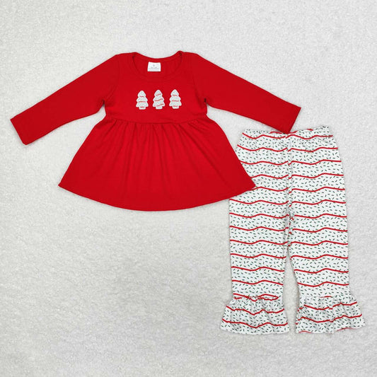 kids girls embroidery christmas tree red top bell bottoms winter clothes