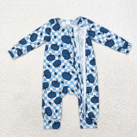 Toddle baby girls blue pumpkin checkered bamboo zip romper