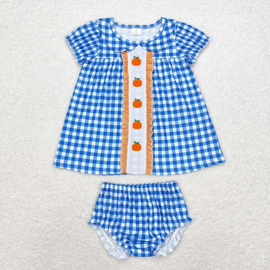 baby girls blue gingham embroidery fall pumpkin bummies set