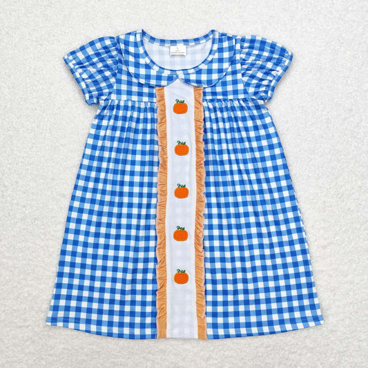 Girls blue gingham fall embroidery pumpkin dress