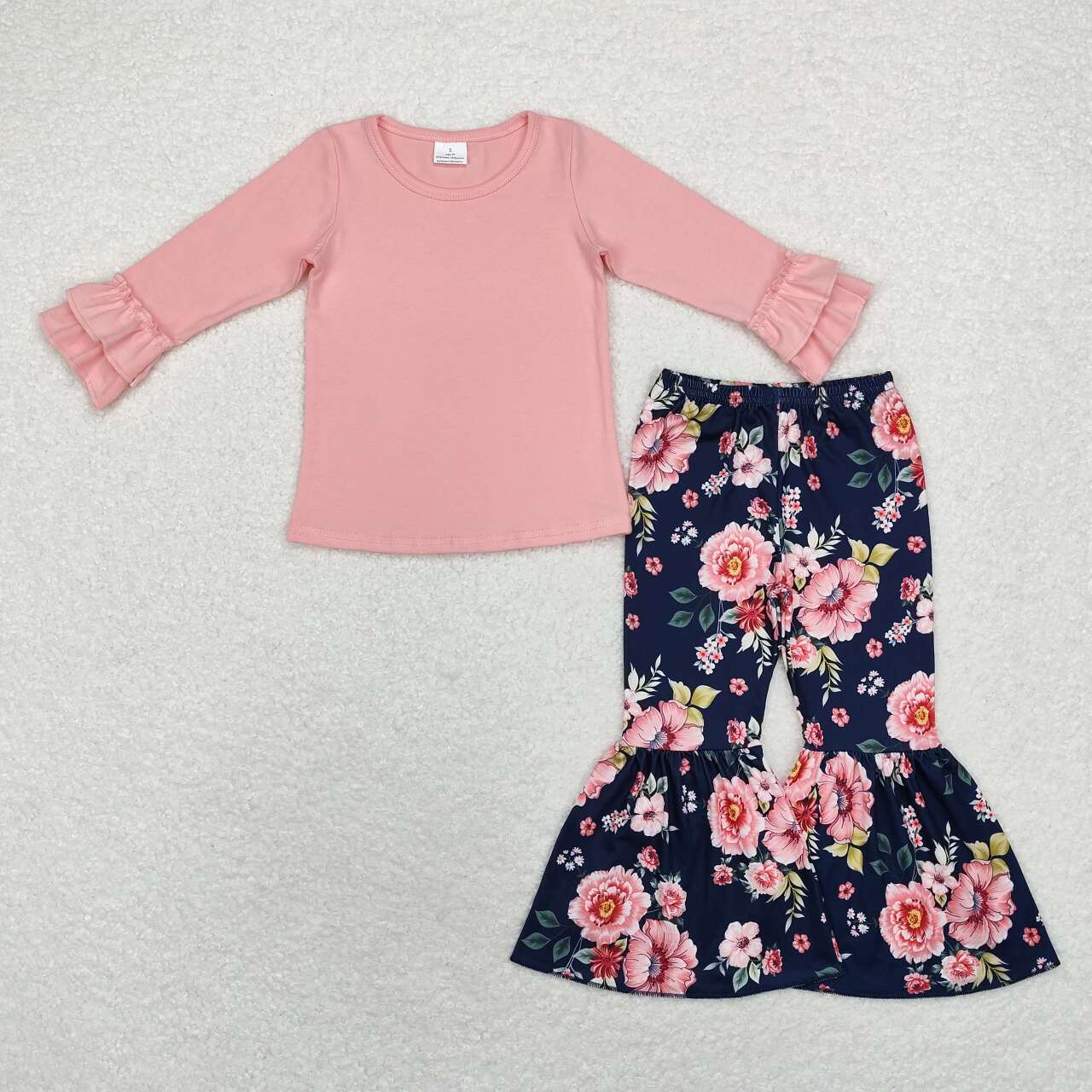 Wholesale Kids Girls Long Sleeve Pink Top Floral Bell Bottoms Clothes