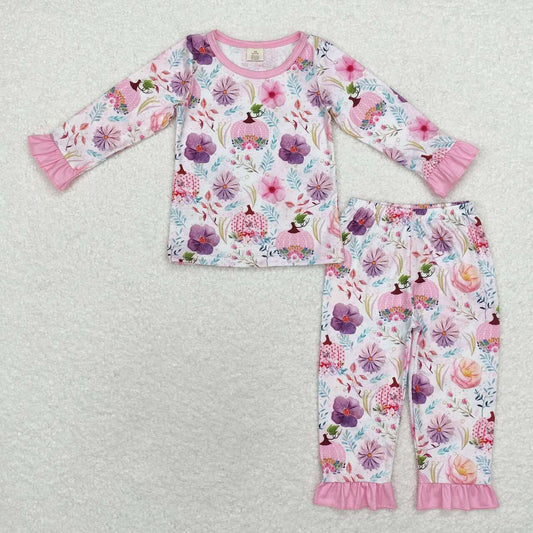 wholesale kids girls pumpkin floral long sleeve bamboo pajama set