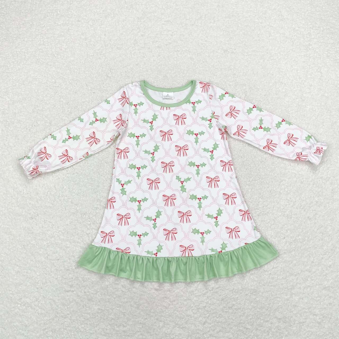 wholesale kids christmas holly bow print long sleeve dress