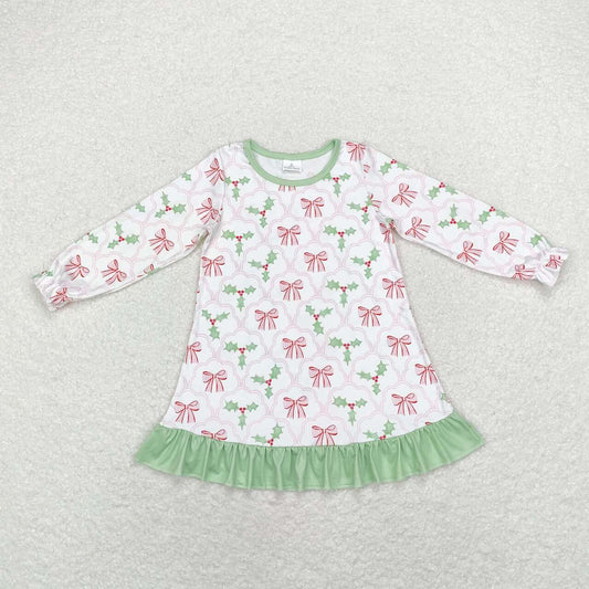wholesale kids christmas holly bow print long sleeve dress