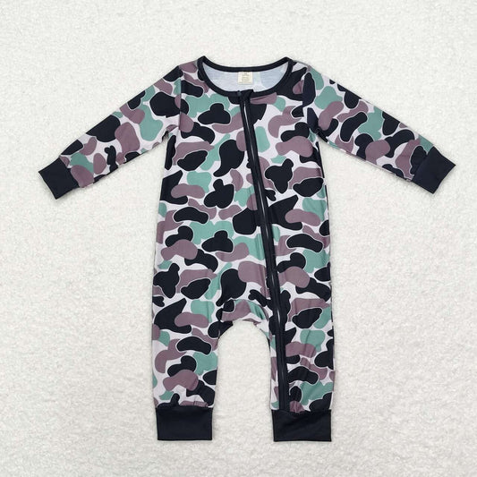 toddle baby boy brown green black camo long sleeve bamboo zip romper