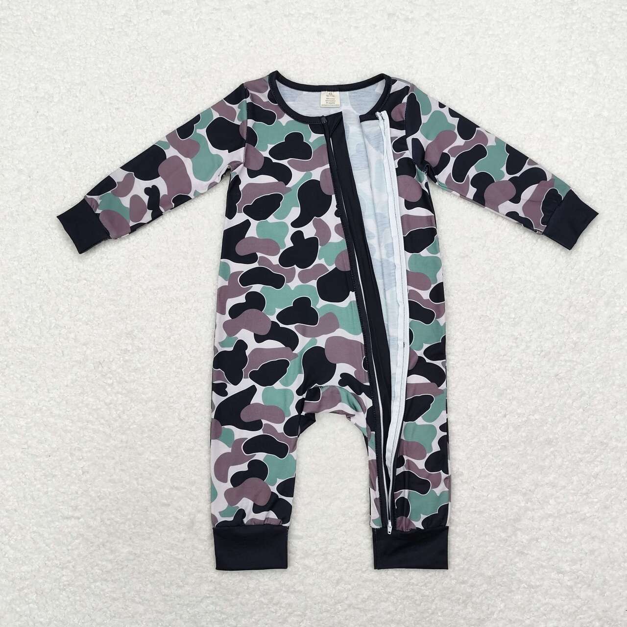 toddle baby boy brown green black camo long sleeve bamboo zip romper