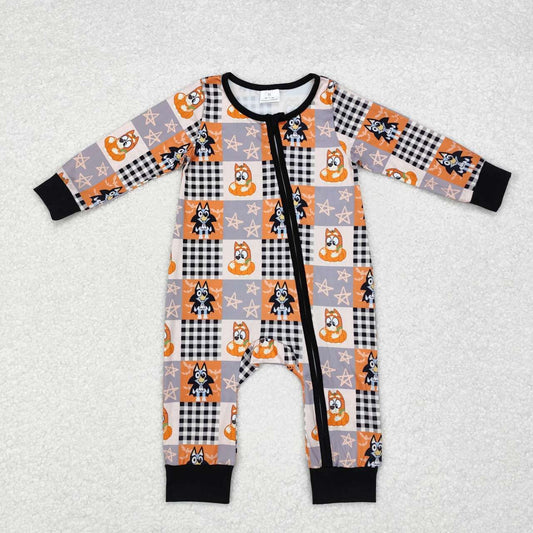 Halloween ghost candy corn blue cartoon dog zip romper preorder