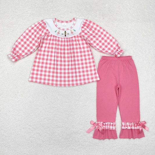 toddle baby girl embroidery Christmas soldier pink plaid clothes