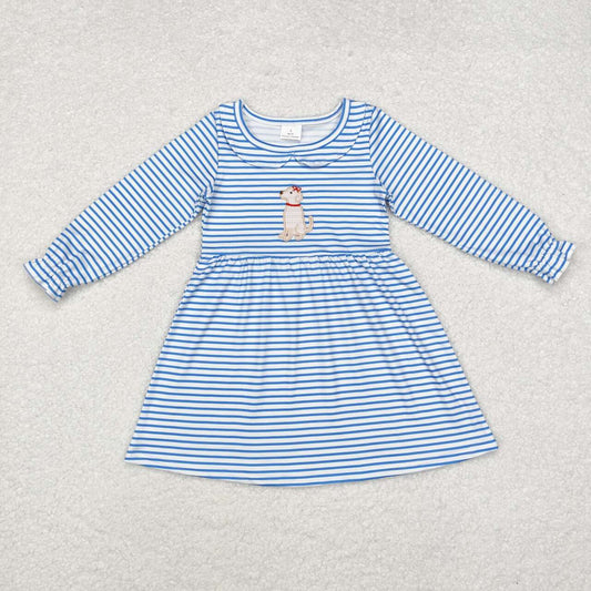 embroidery cute dog blue stripes long sleeve fall winter dress