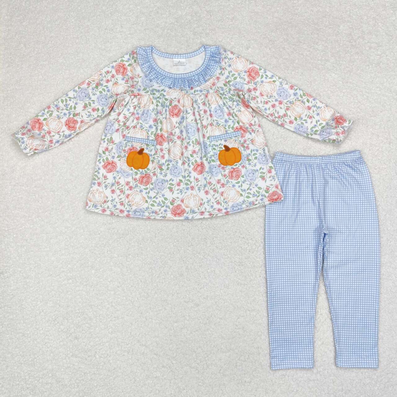 baby girl fall pumpkin pocket top blue leggings fall outfit