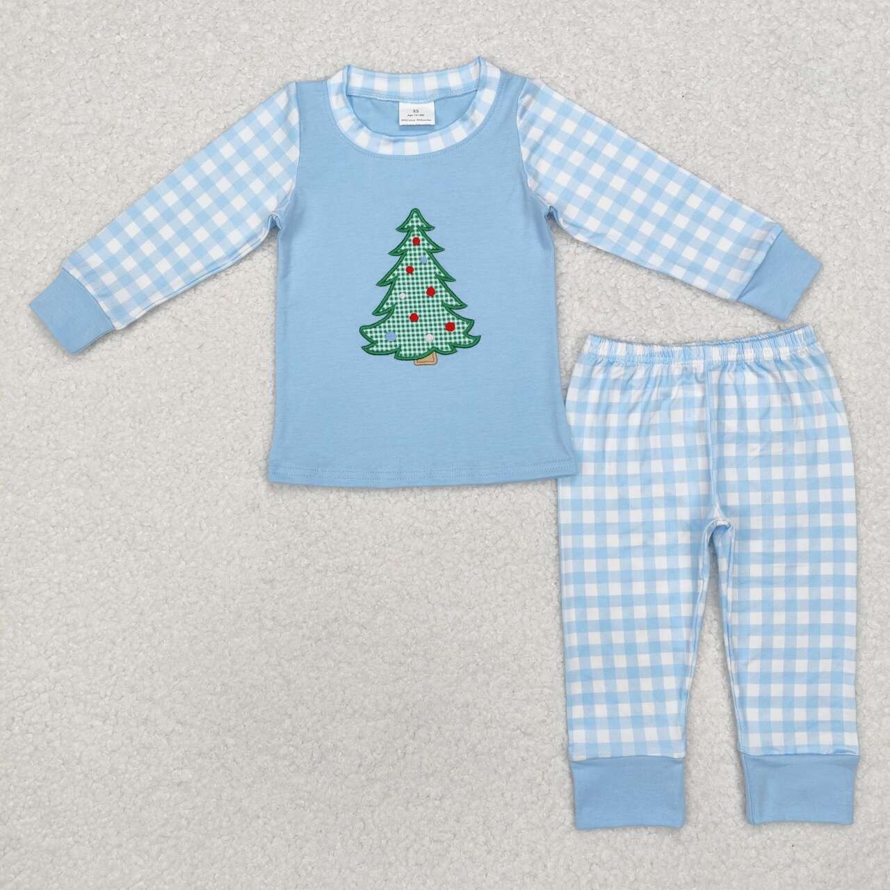 Embroidery Christmas tree blue plaid pajama set wholesale price