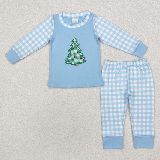Embroidery Christmas tree blue plaid pajama set wholesale price