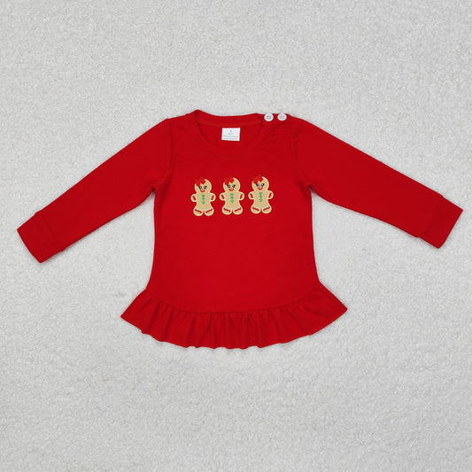 toddle baby girl embroidery Christmas gingerbread red long sleeve top
