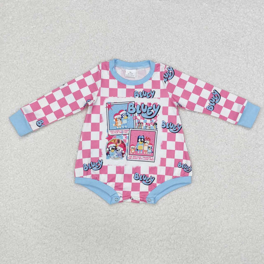 Christmas blue cartoon dog pink checkered long sleeve romper