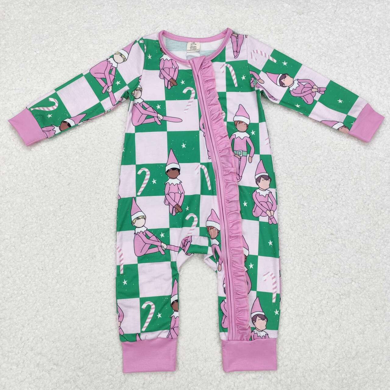 Baby girl Christmas design pink checkered bamboo zip romper