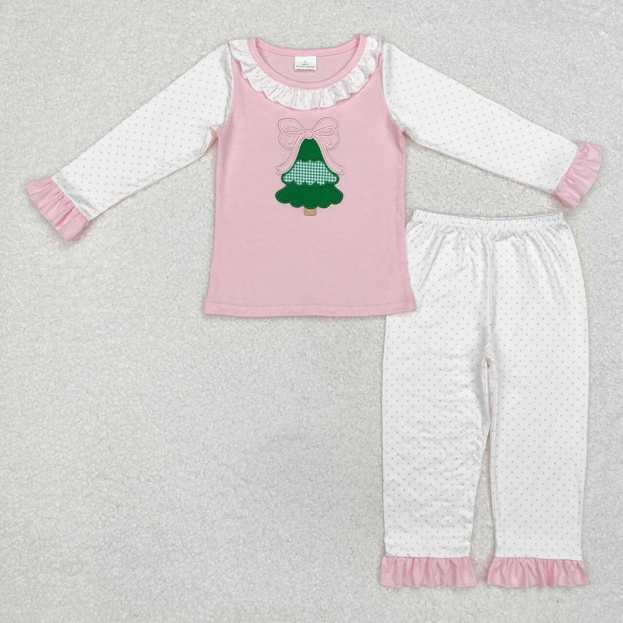 Embroidery Christmas tree pink dots pajama set wholesale price