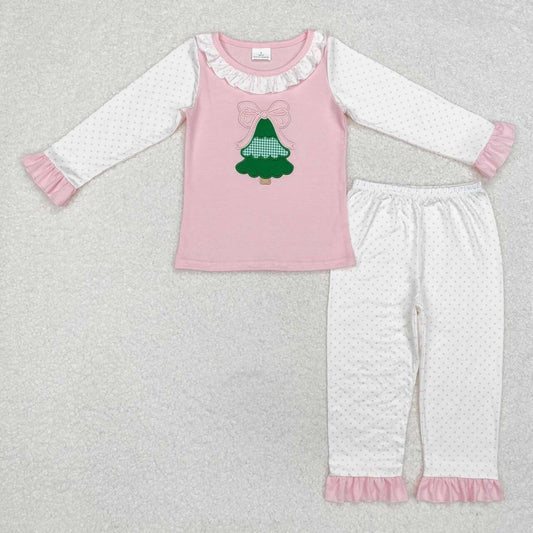 Embroidery Christmas tree pink dots pajama set wholesale price