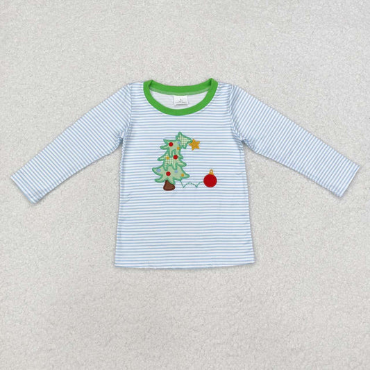 baby boy blue stripes embroidery Christmas tree long sleeve top