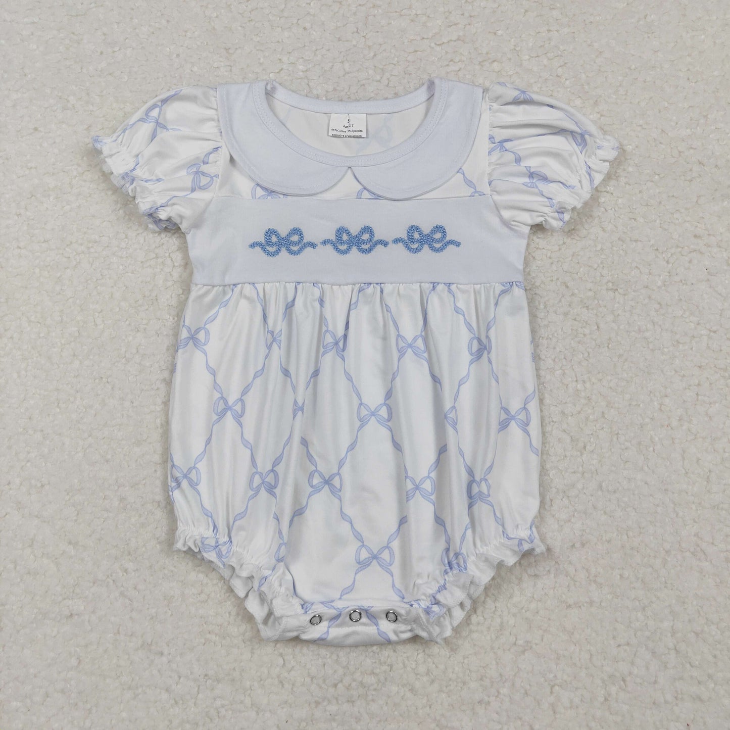 wholesale kids baby girls embroidery blue bow boutique romper