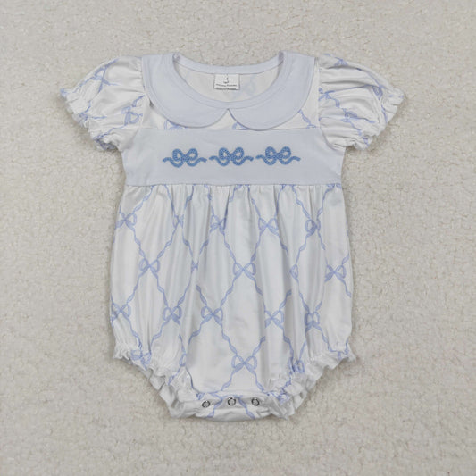 wholesale kids baby girls embroidery blue bow boutique romper