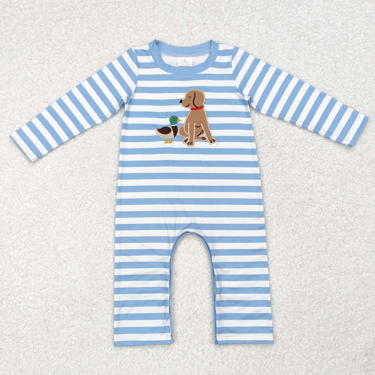 Embroidery mallard duck dog hunting blue stripes romper