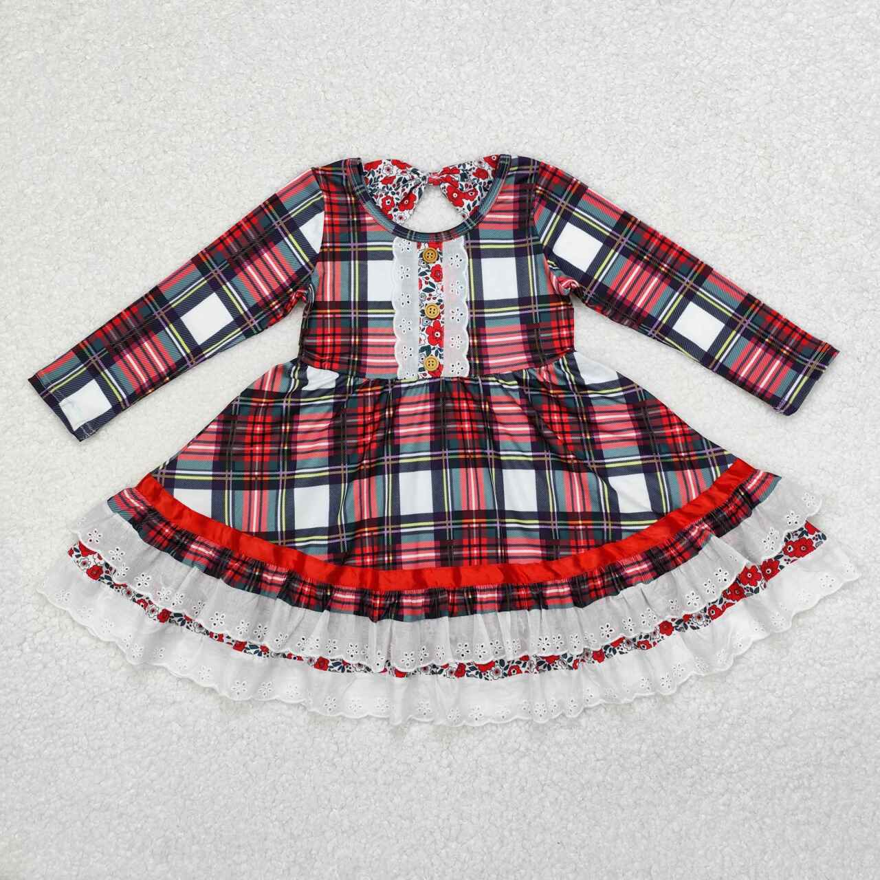 Wholesale Christmas red black plaid girls long sleeve dress