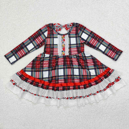 Wholesale Christmas red black plaid girls long sleeve dress