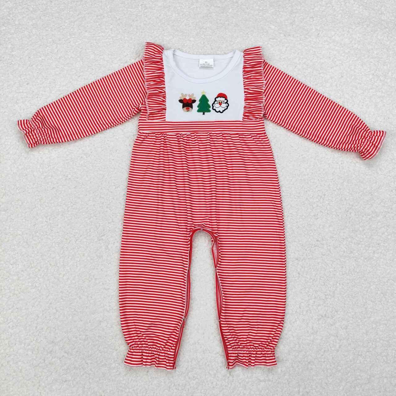 Wholesale Embroidery Christmas Santa Tree Reindeer Red Stripes Romper