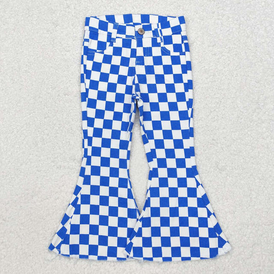 infant baby girls wholesale blue checkered jeans bell bottoms factory price