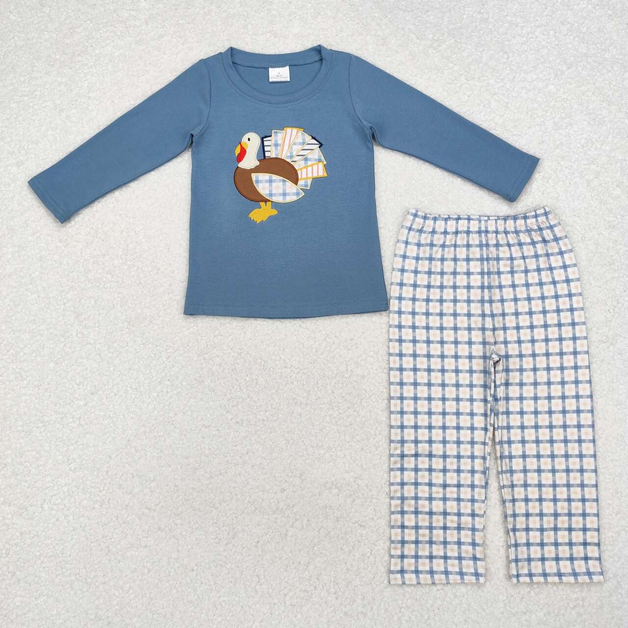 Wholesale kids boy embroidery Thanksgiving turkey top plaid pants clothes wholesale price