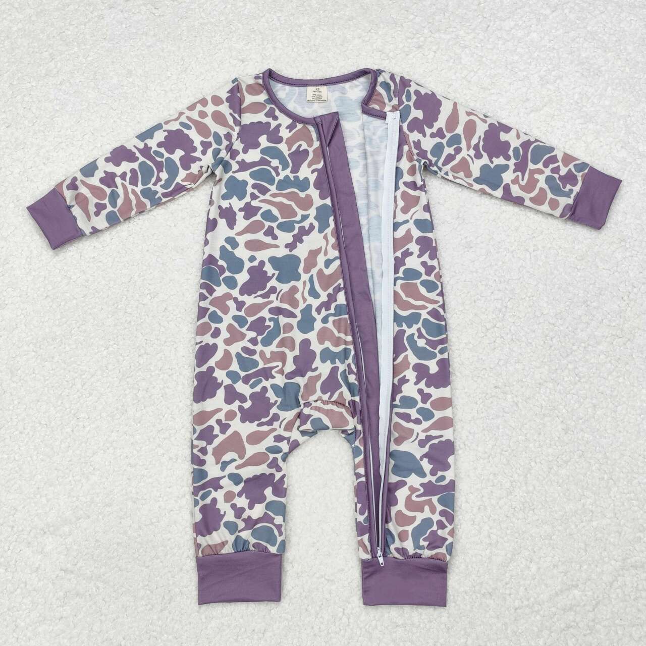 Infant toddle baby boy green camo bamboo zip romper