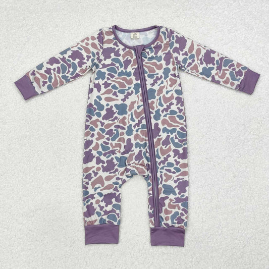 Infant toddle baby boy green camo bamboo zip romper