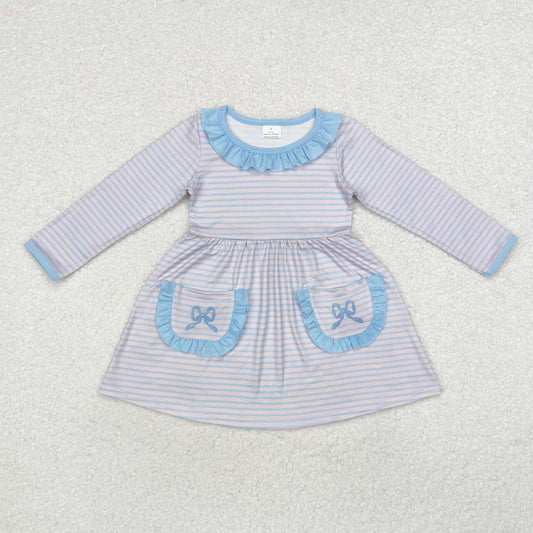 Embrodiery bow stripes  baby girls long sleeve pocket dress