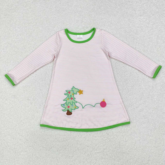 Embroidery Christmas tree pink stripes fall winter dress