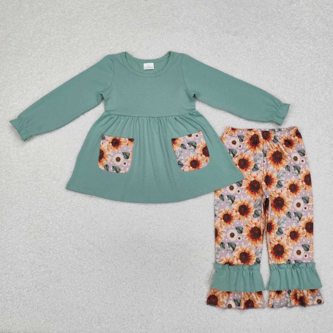 Girls green tunic top matching sunflower ruffle pants boutique fall winter clothes