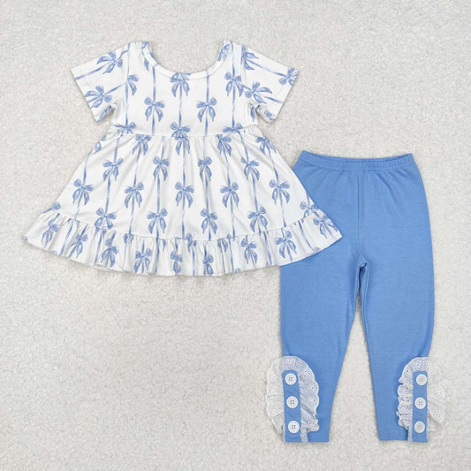 Wholesale kids blue bow top matching leggings clothes