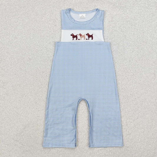 infant baby boy three dogs blue gingham romper