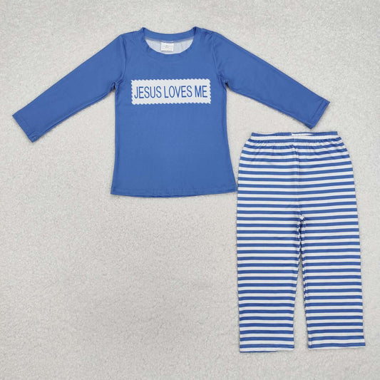 Jesus love me blue stripes outfit wholesale baby clothes