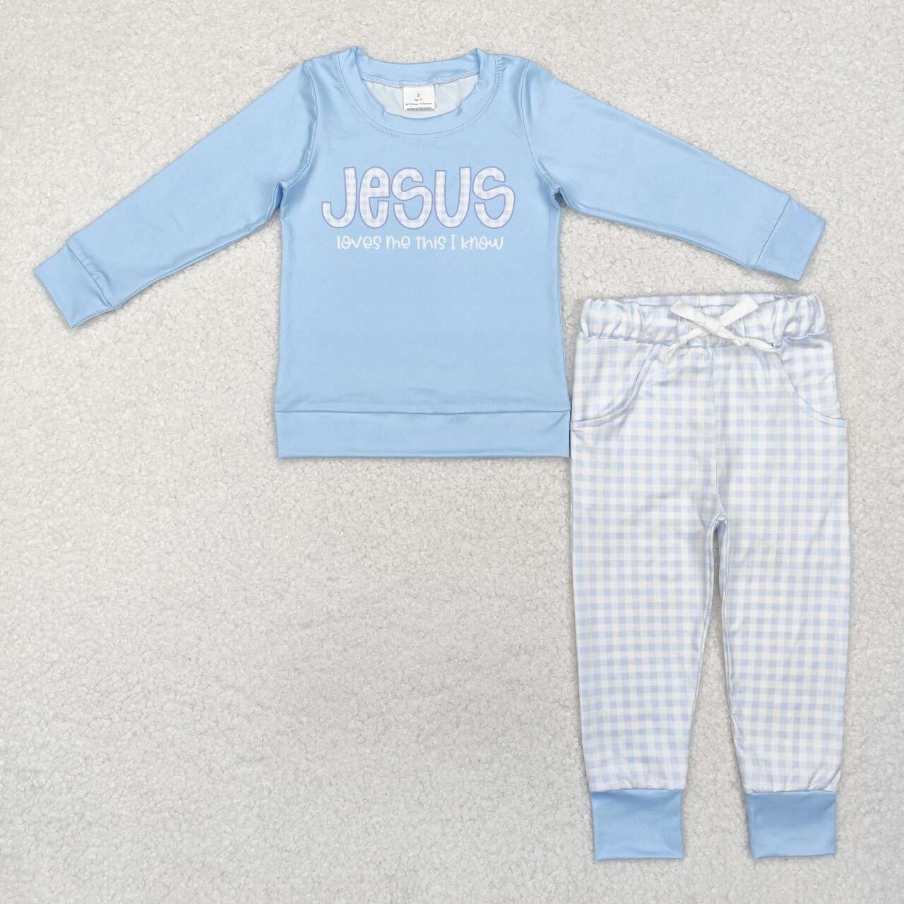 Jesus love me this I know top boy blue plaid pants clothing set