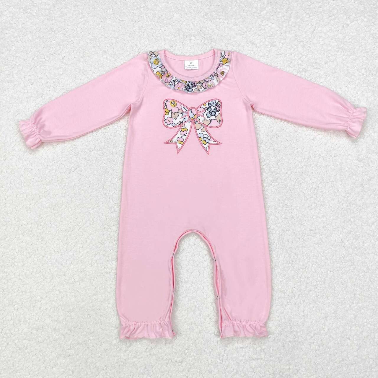 Newborn baby girls embroidery flower bow long sleeve romper