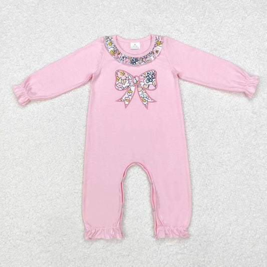 Newborn baby girls embroidery flower bow long sleeve romper