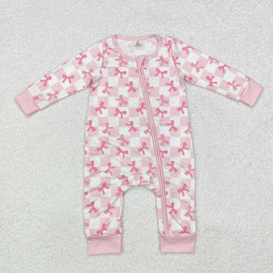 Toddle baby girls pink checkered  bow bamboo zip romper